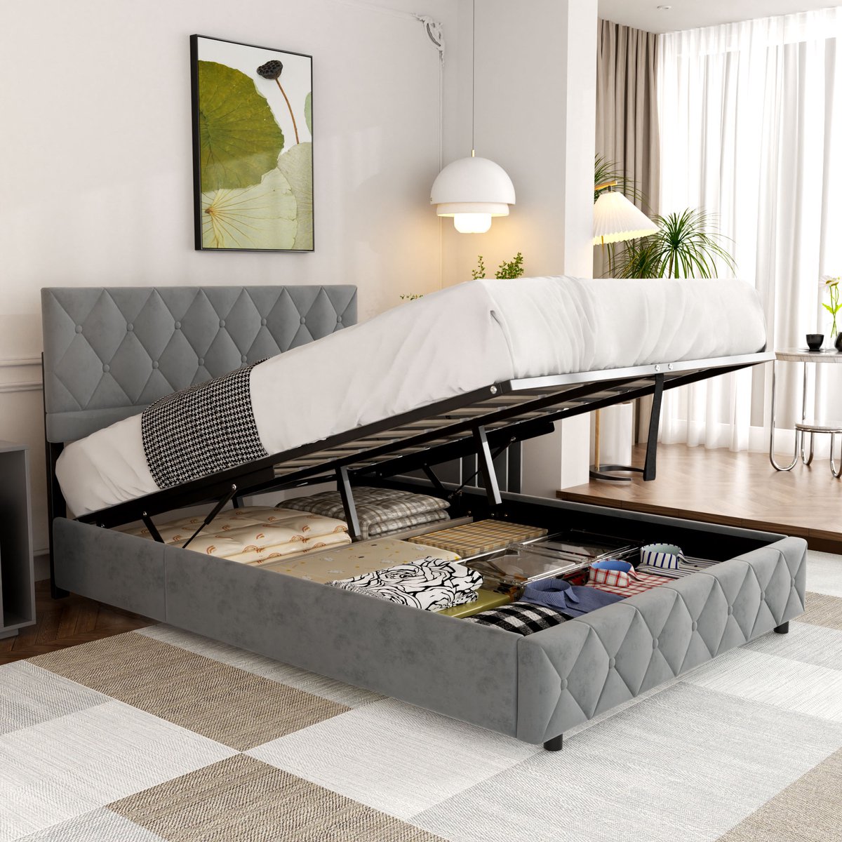 OKWISH Tweepersoonsbed 140x200 cm - Opbergbed - Gestoffeerd Bed - Stevig Bedframe - Veel Opbergruimte - Lichtgrijs