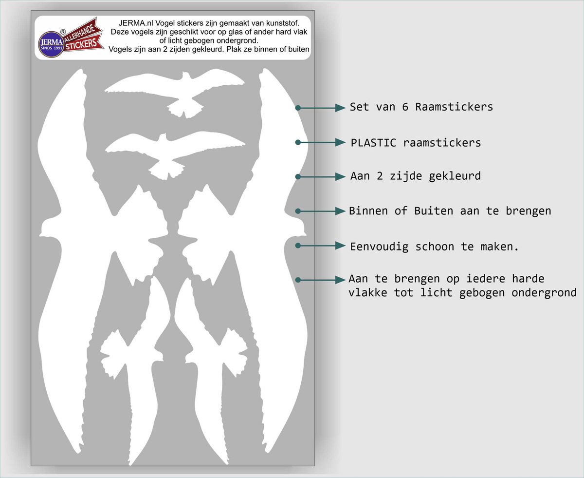 Jerma - Vogelbescherming raamstickers - set 6 vogel stickers - div maten - Wit - Zelfklevend - Folie
