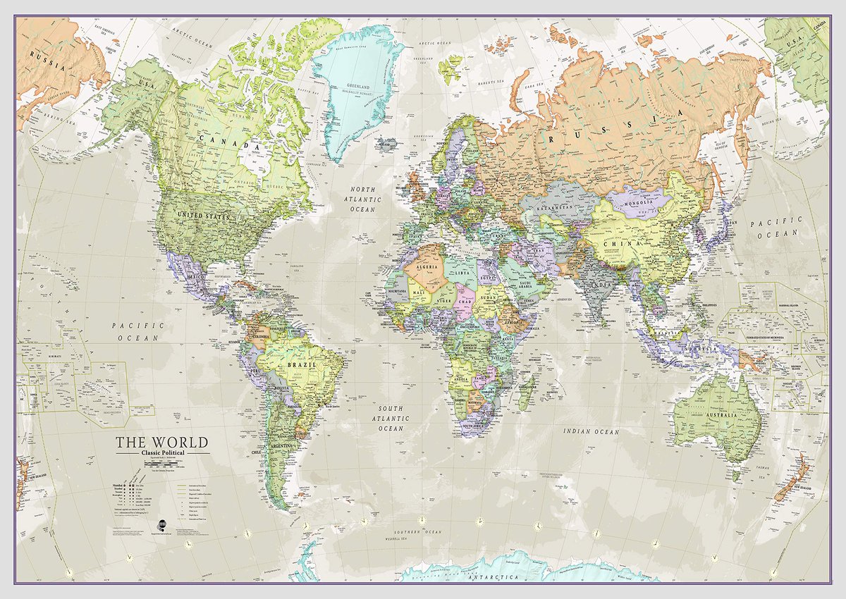 IMPERATORIS® Wereldkaart - Wanddecoratie - Luxe Stevig Papier - Werelddelen - Oceanen - Steden - Vlaggen - ‎118.9 x 84.1 x 0.1 cm