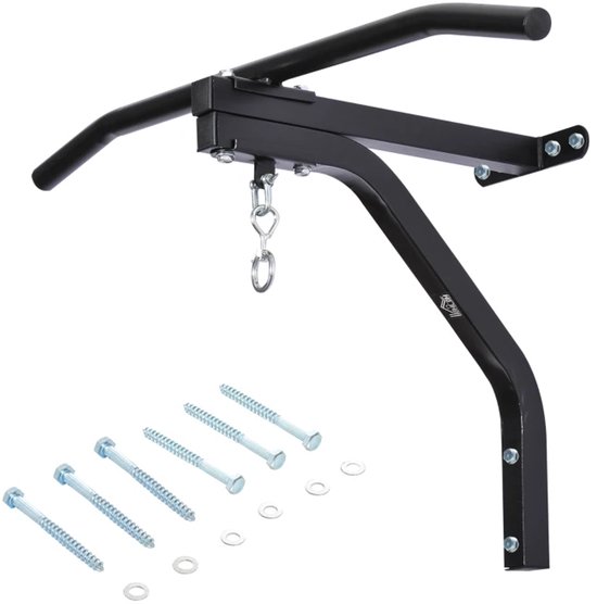 Zwarte pull-up stang met bokszakbevestiging en montageschroeven.