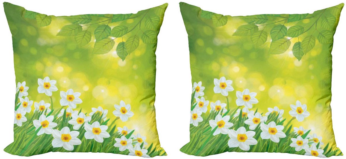ABAKUHAUS narcis – Kussenhoes 2x45x45 cm – Dubbelzijdig bedrukt Groen Geel