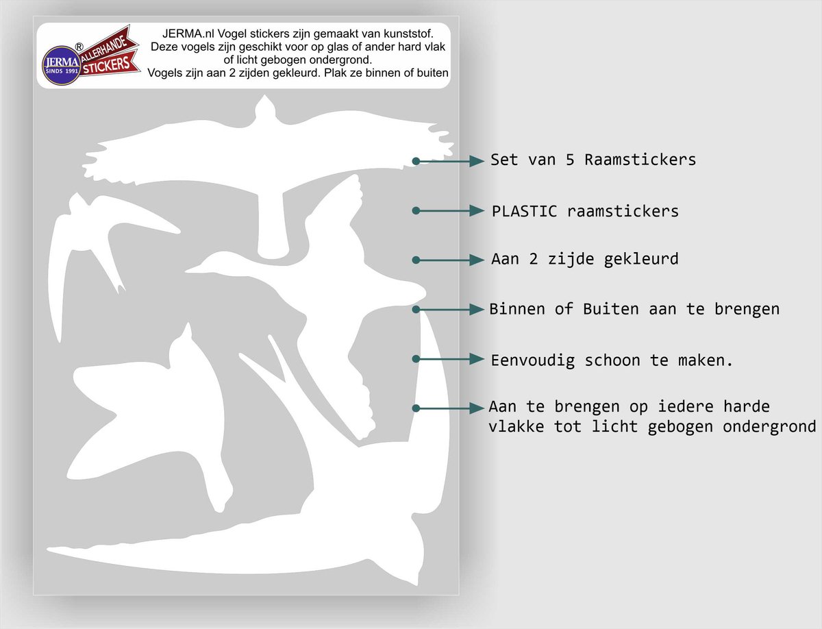 Jerma - 5 vogels Raamstickers - Wit - div. maten - duurzaam vinyl - zelfklevend - binnen - buiten