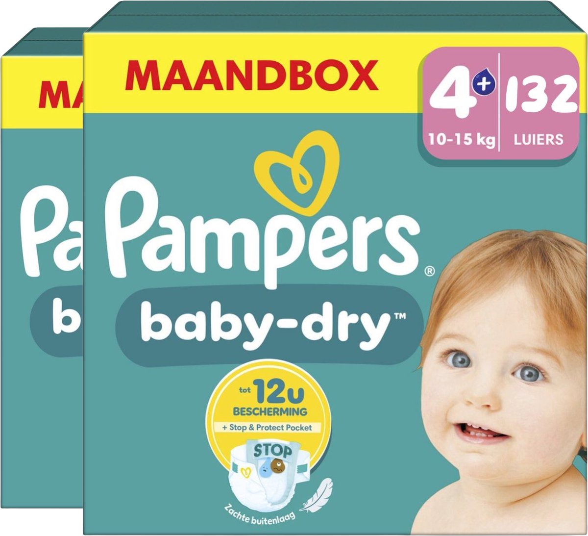 Pampers Baby-Dry luiers - Maat 4+ (10-15kg) - 264 stuks (2 x 132 luiers) - Unieke extra laag - Absorberende kern - Dubbele beschermrandjes (Tot maat 5+)