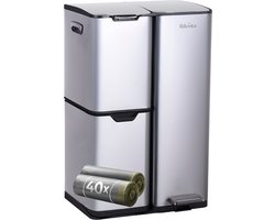 Rilenta Prullenbak Afvalscheiding 60 Liter met 3 Vakken & 40 Vuilniszakken - Pedaalemmer RVS Keuken - Vuilnisbak - Afvalbak - Vuilbak - Compostbak - Afvalemmer Kantoor & Flessen - Prullenbakken - Afvalscheidingprullenbakken - Cadeau - Zilver