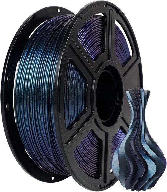 Een spoel met paars-blauwe metallic PLA filament naast een bijpassend 3D-geprint vaasje.