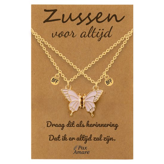 Gouden ketting met roze vlinderhanger en "BFF" bedel, "Zussen voor altijd"