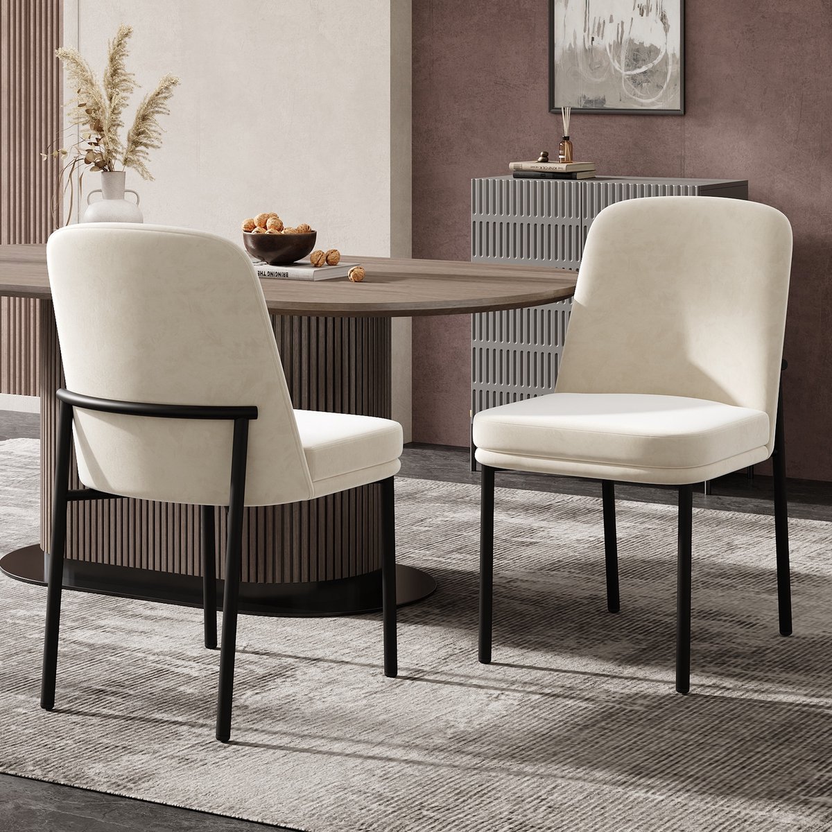 Sweiko Eetkamerstoel - Set van 2 - Verdikte zitkussens - Zwarte metalen poten - Velvet - Beige
