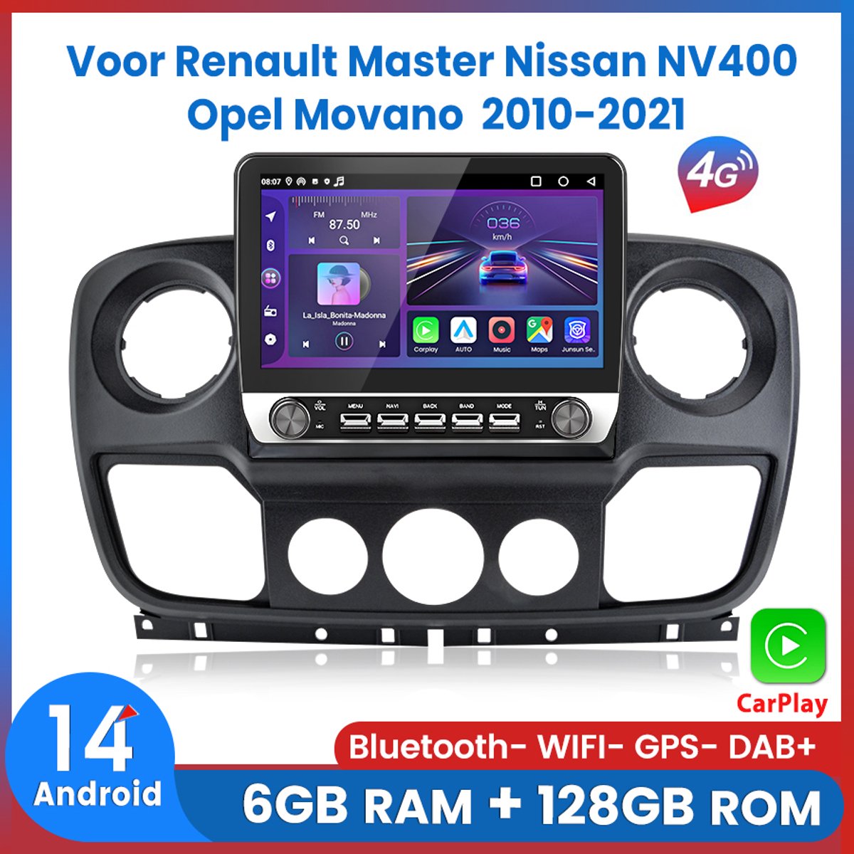 Awesafe 10.1 Inch Carplay Autoradio - Geschikt Voor Renault Master / Nissan NV400 / Opel Movano 2010 t/m 2021 - Android 14 - Draadloos Apple Carplay & Android Auto - RAM 6GB + ROM 128GB - 8-Core processor - Bluetooth & Wifi - GPS Navigatie