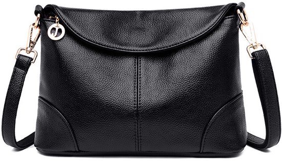 Sac bandoulière noir pour femme avec rabat, fermeture éclair et détails dorés.