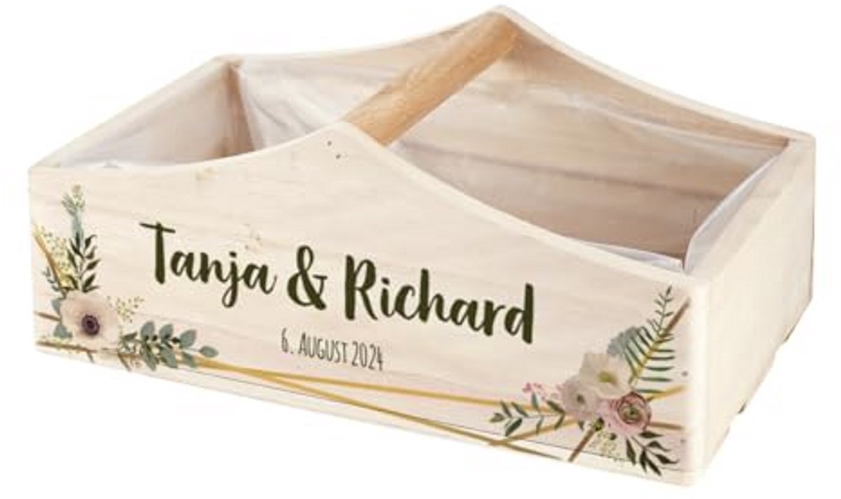 Cadeaubasket met persoonlijke gravure of print voor bruiloften, jubilea of Valentijnsdag
