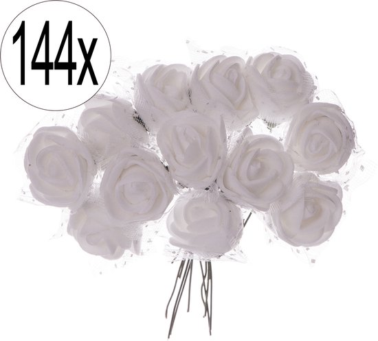 Kunstrozen – Set van 144 Mini Roosjes (12 bossen van 12) – Zijdeachtige Stof – Buigbare Metalen Steel – Decoratieve Nepbloemen voor Feest, Bruiloft & Knutselen