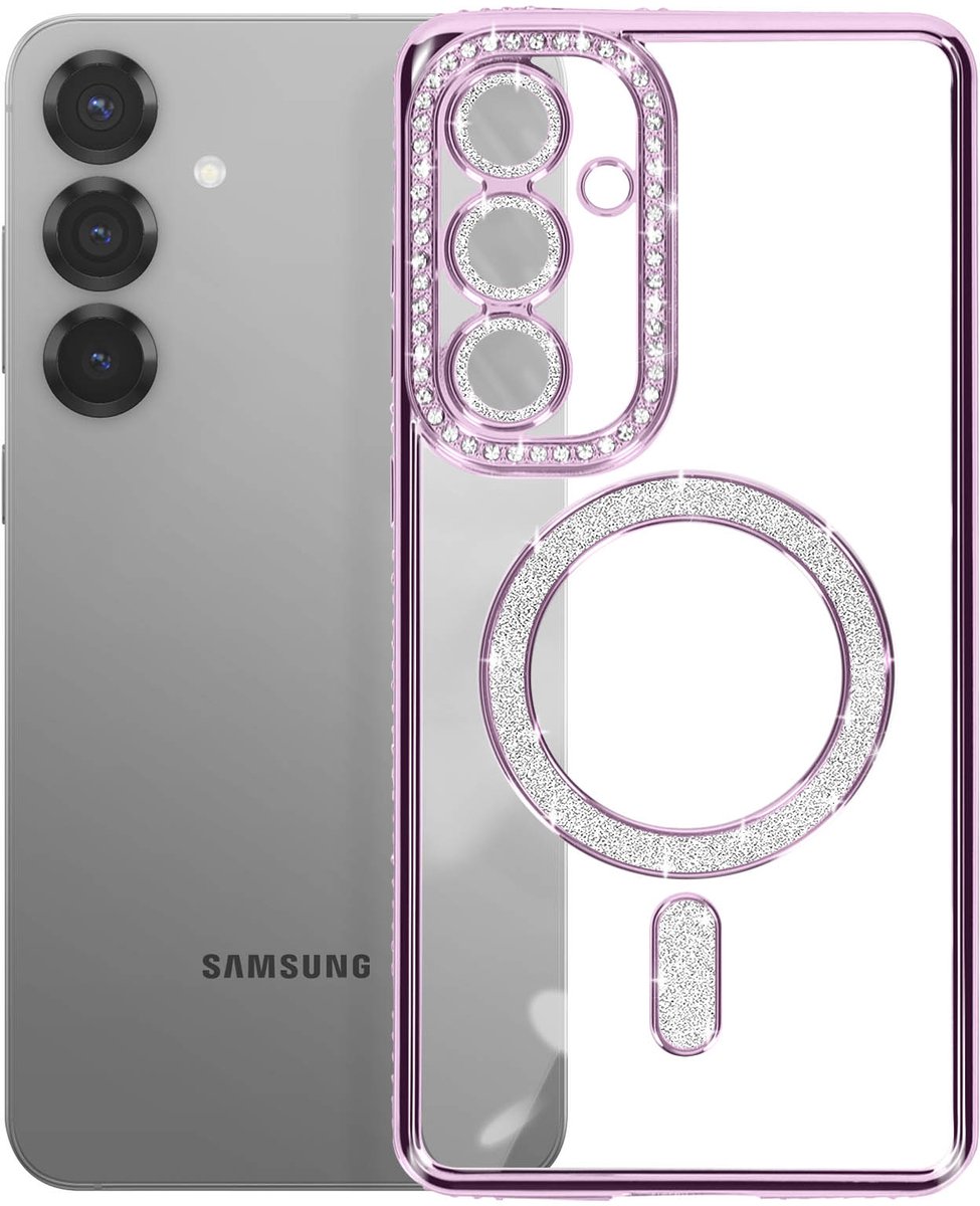 Avizar Diamond Hoesje Geschikt voor Samsung Galaxy S25 MagSafe Omtrek Strass, Paars