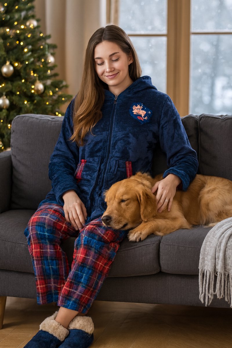 Huispak met rits voor Dames – Superzacht, Warm & Cosy – Beer met Hartje & Geruite Broek – 100% Polyester – S t/m XXXL