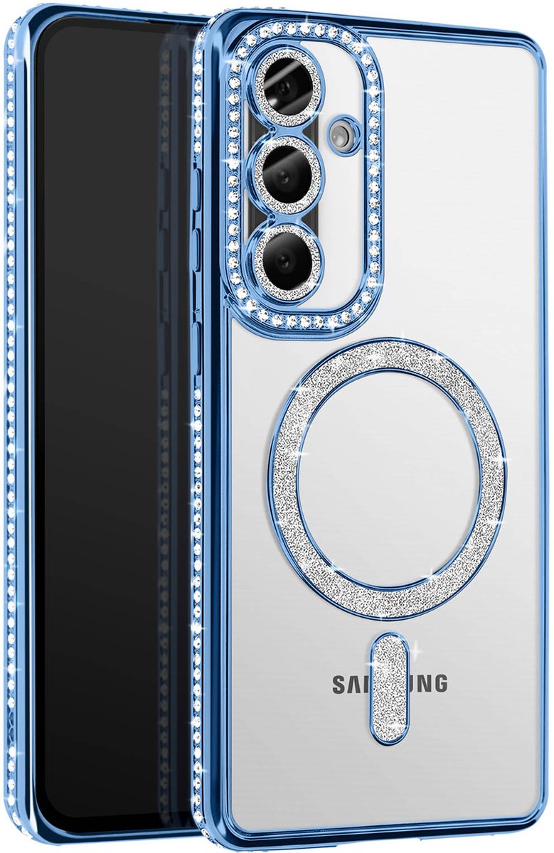 Avizar Diamond Hoesje Geschikt voor Samsung Galaxy A56 MagSafe Omtrek Strass, Blauw