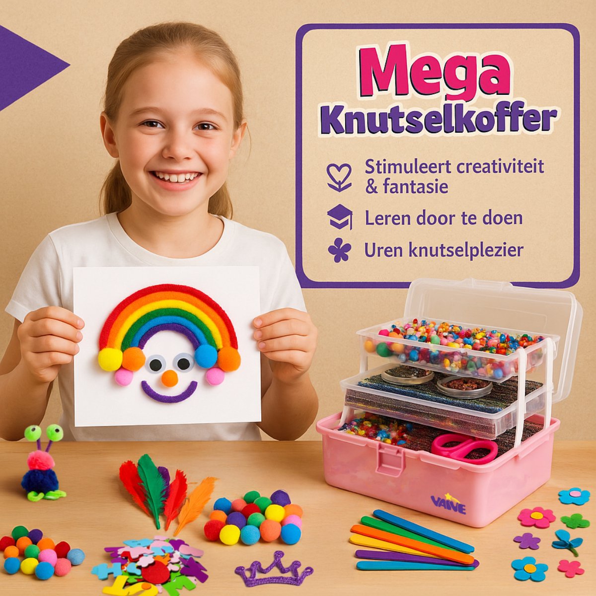 Vaive Knutselkoffer 1432-delig – Knutselen Meisjes - Kralen, Veren, Pompons & Wiebeloogjes - Knutselset - Knutselspullen - Knutselpakketten — afbeelding 4