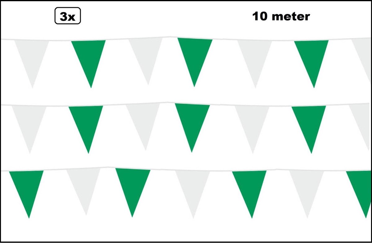 3x Vlaglijn wit/groen 1000 cm - Vlaggenlijn - Carnaval thema feest white-green party