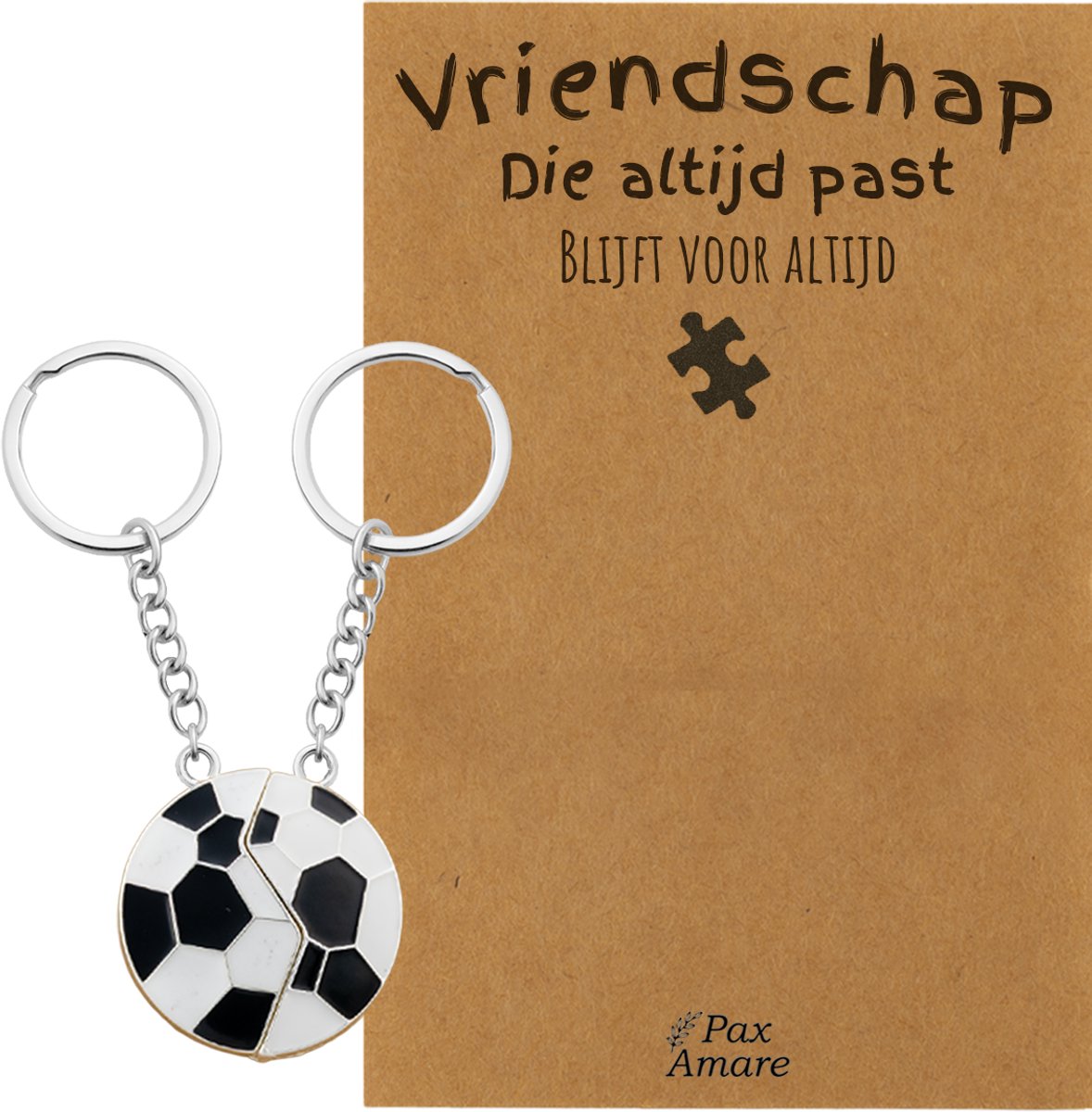 BFF Sleutelhanger voor 2 'Vriendschap die altijd past' - Magnetische Voetbal - Sleutelhanger set op Cadeau Kaartje - Zilverkleurig - Vriendschap Symbool - Pax Amare