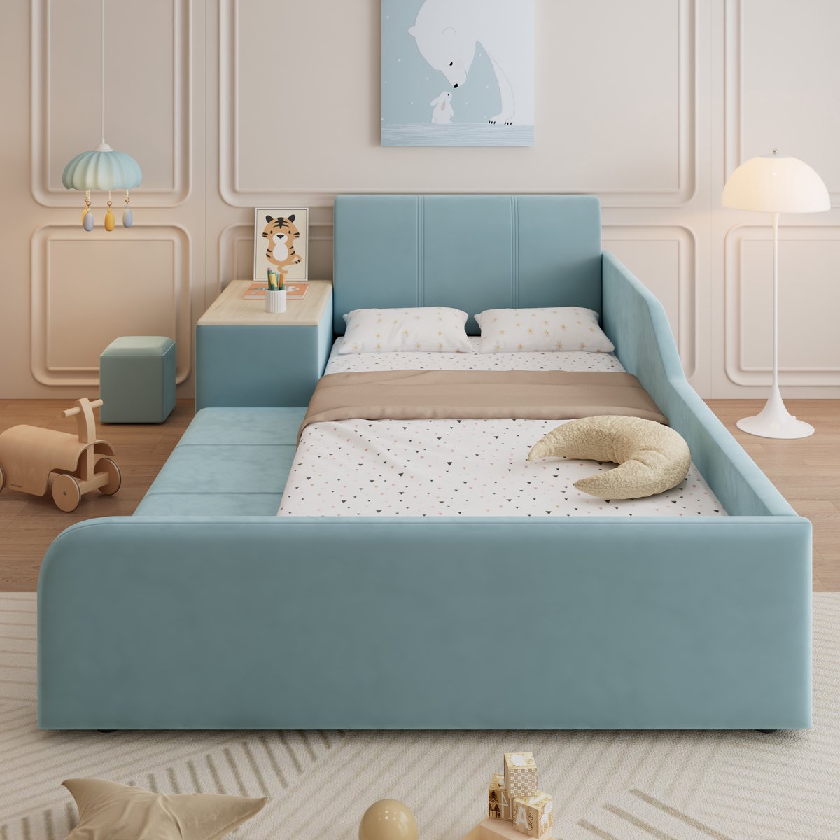 Merax Gestoffeerd bed 90x200 cm - eenpersoonsbed met kinderbureau en kruk - met opbergplank - kinderbed - blauw - zonder matras