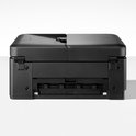 Zwarte Brother DCP-J1460DW printer, achterkant met papieruitvoerlade.