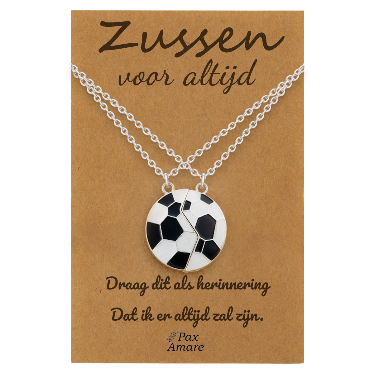 BFF Ketting voor 2 'Zussen voor altijd' - Magnetische Voetbal - Vriendschapsketting op Cadeau Kaartje - 45cm + 5cm verstelbaar - Zilverkleurig - Sisters Hanger - Pax Amare