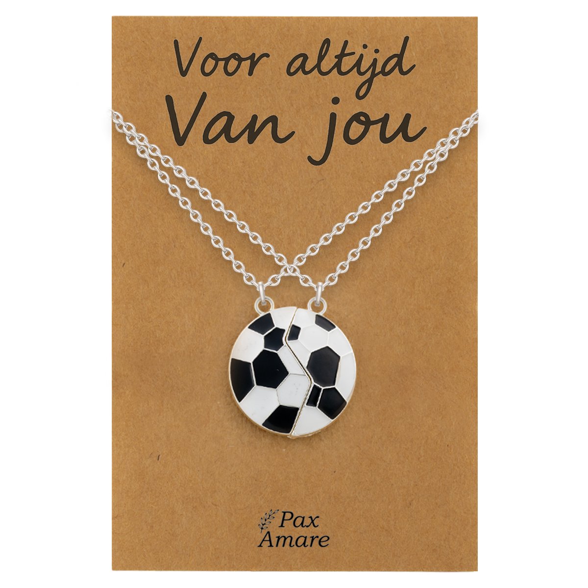 Koppel Ketting voor 2 'Voor altijd van jou' - Magnetische Voetbal - Vriendschapsketting op Cadeau Kaartje - 45cm + 5cm verstelbaar - Zilverkleurig - Persoonlijke Hanger - Pax Amare
