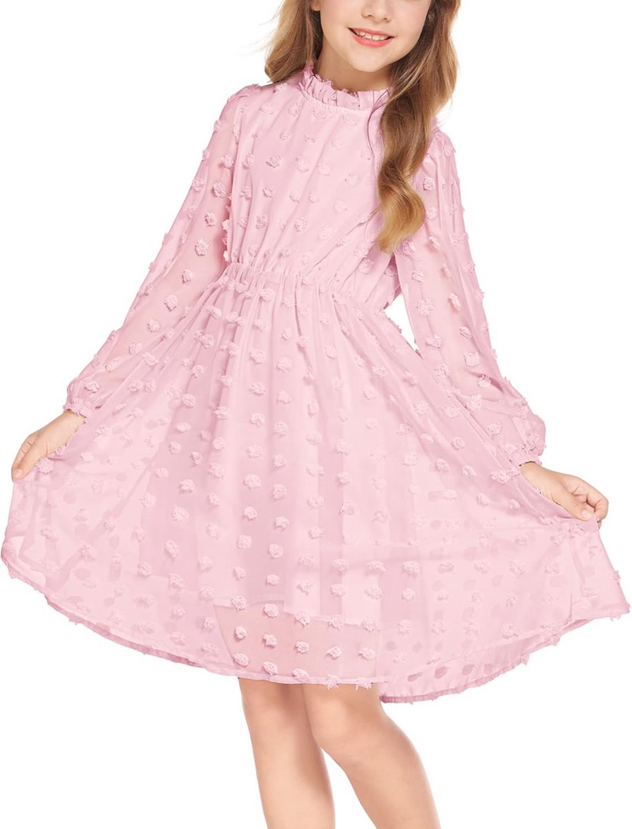 Elegante Jurk voor Meisjes met Ruches en Lange Mouwen - Feestelijke A-lijn Casual Vrijetijdsjurk voor Kinderen van 5-13 Jaar
