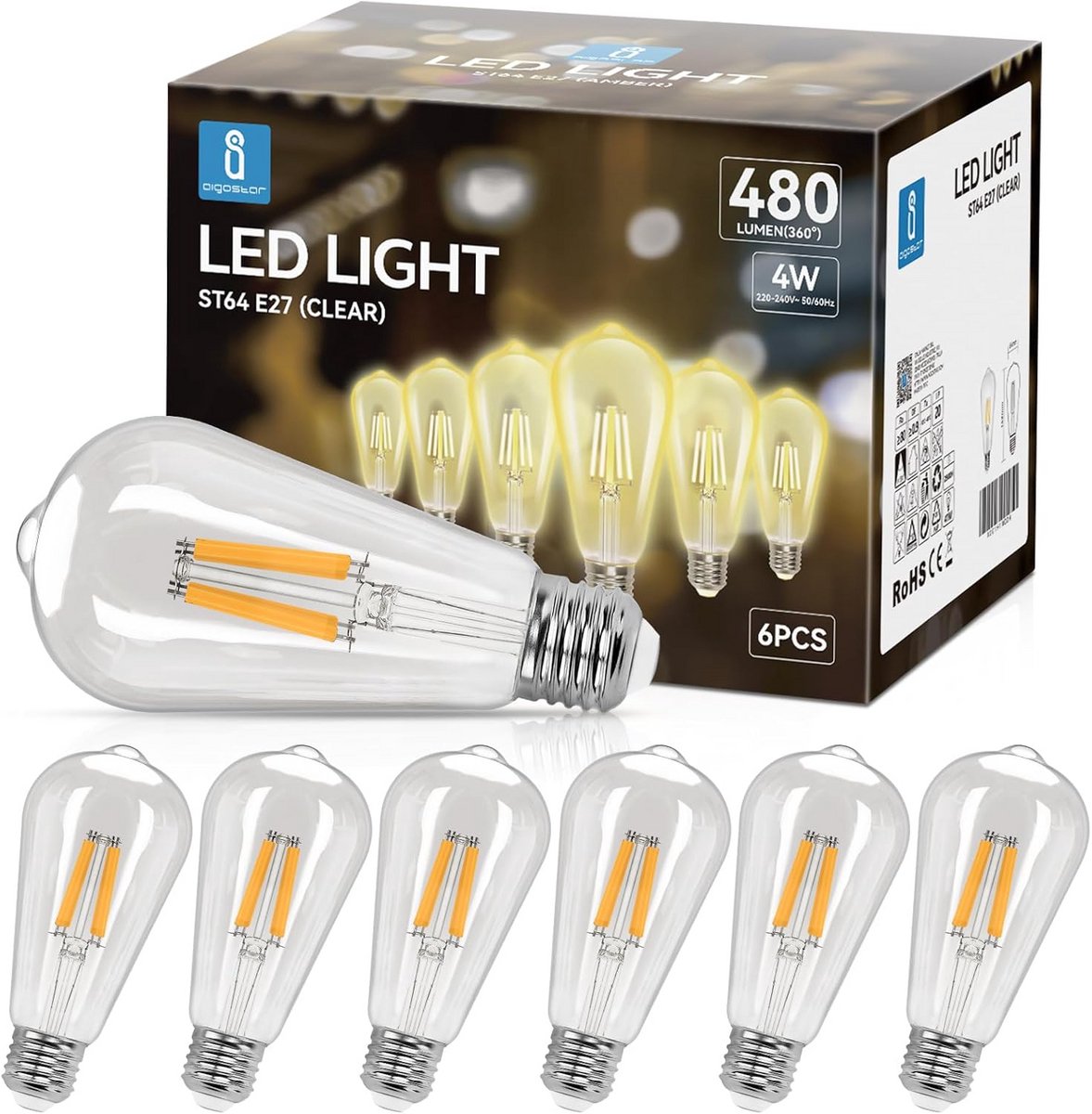 E27 LED Filament Lamp 4W Warm White 2700K Vintage Bulb ST64 - 6 Stück