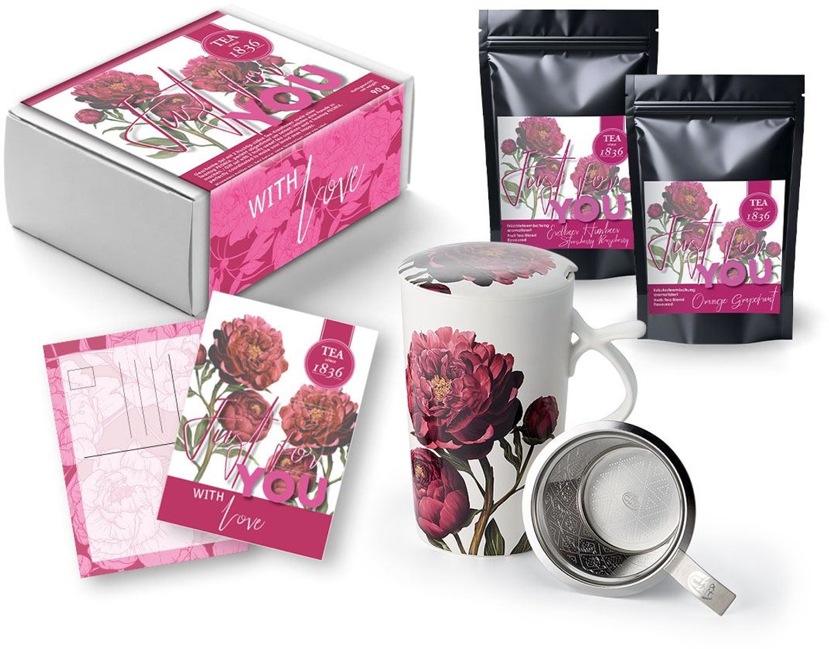 Thee Giftset “Just for You” – porseleinen mok met deksel & RVS theezeef – Earl Grey Framboos & Orange Grapefruit losse thee – inclusief wenskaart – ideaal cadeau