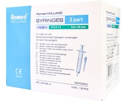 Romed 10ml Injectiespuit 21G met naald - 100 stuks - spuit met naald - doseerspuit - Polypropyleen & Latex-vrij rubber - Tweedelige 10ml wegwerpspuit met canule, steriel per stuk verpakt.