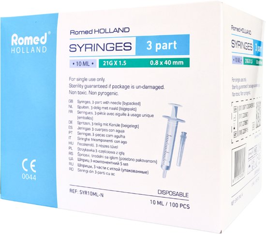 Romed 10ml Injectiespuit 21G met naald - 100 stuks - spuit met naald - doseerspuit - Polypropyleen & Latex-vrij rubber - Tweedelige 10ml wegwerpspuit met canule, steriel per stuk verpakt.