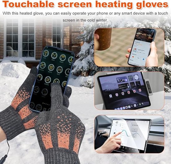 Donkergrijze handschoenen met oranje patronen, geschikt voor touchscreen.