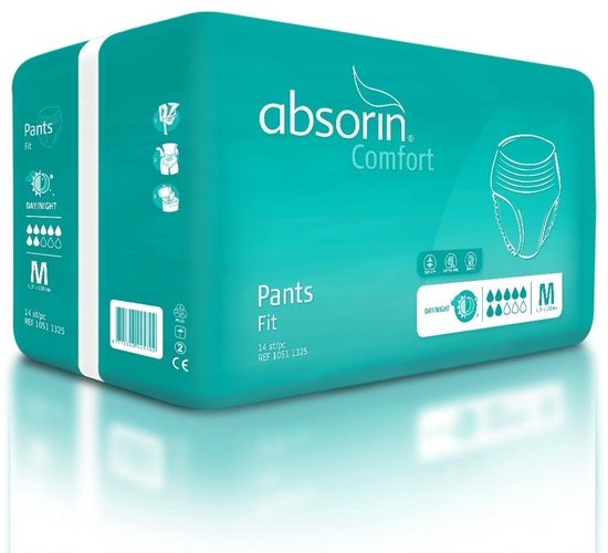 Absorin Comfort Pants Fit maat M, met illustraties van absorptie en pasvorm.