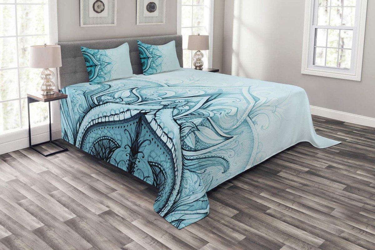 ABAKUHAUS Mandala Dagdeken – Aqua 264x220 cm, Wasbaar, Kussenhoezen