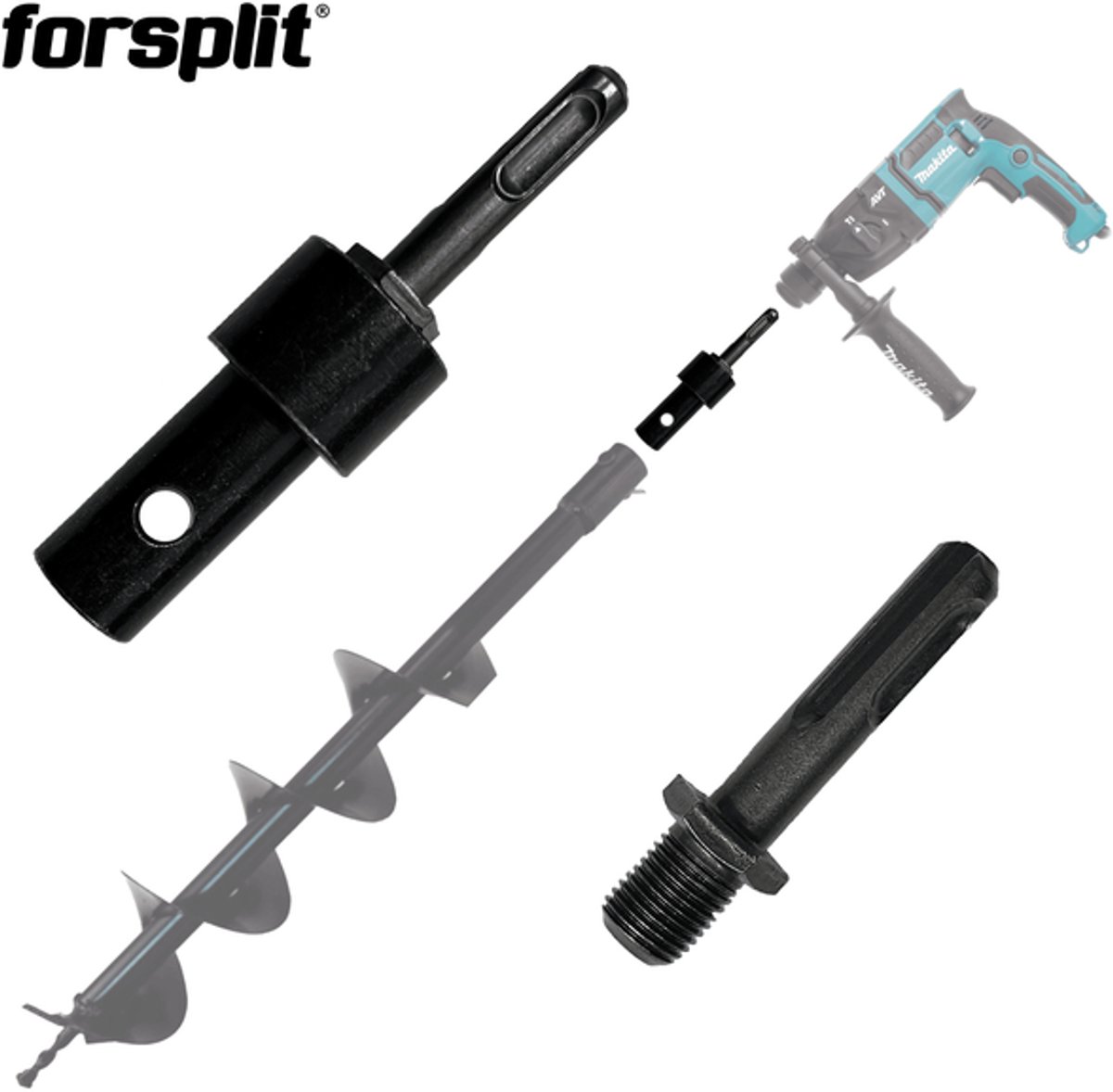 forsplit - Adapter SDS Plus naar Grondboor - Ø 20mm As - Zwart Verzinkt Staal - Voor Elektrische Boormachine