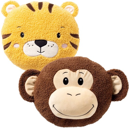 Set van twee ronde kussens: een geel tijgergezicht en een bruin apengezicht.