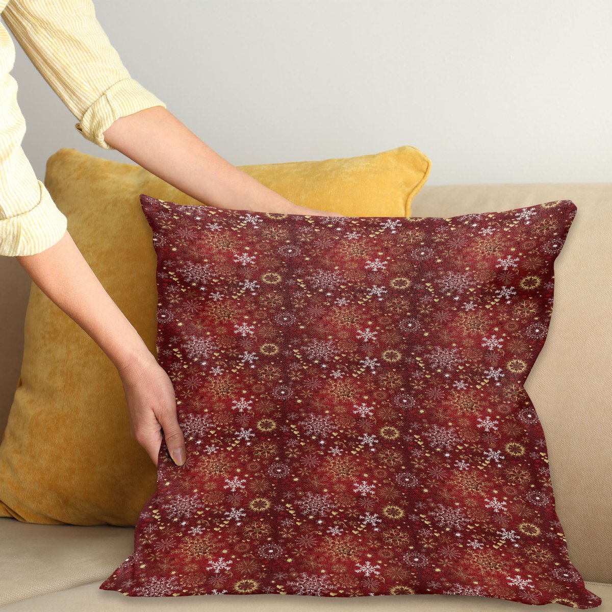 ABAKUHAUS Kussenhoes – Sneeuwvlokken Dubbelzijdig Bedrukt – 40x40 cm – Wit Geel Rood Wit, Geel en Rood