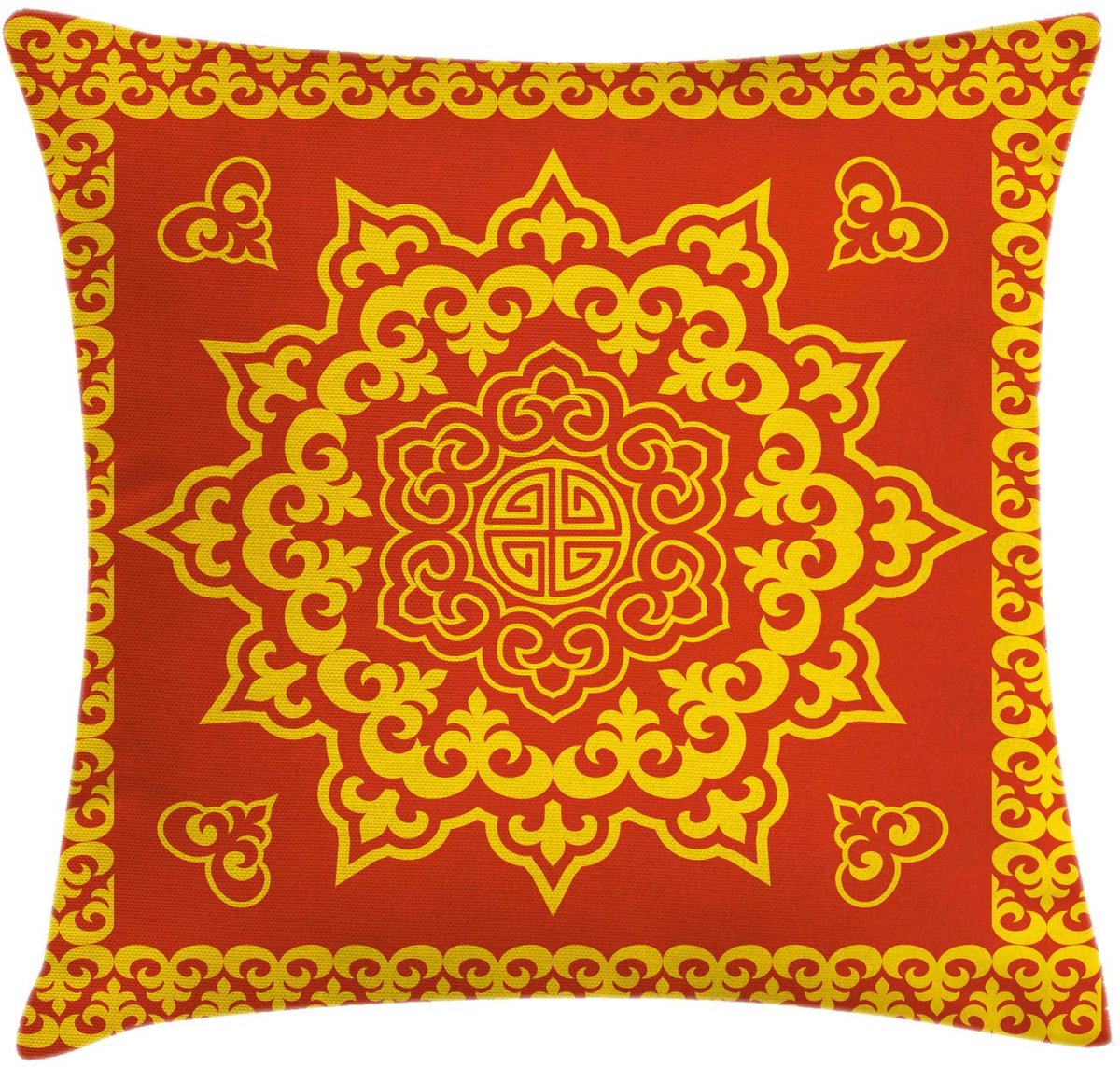 ABAKUHAUS Mandala-kussenhoes – 40x40 cm – Dubbelzijdig bedrukt, rits, kleurvast – aardegeel & vermiljoen Erde Gelb