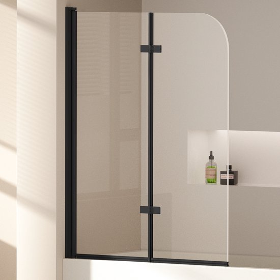 EMKE Paroi de baignoire - Pliable - 110x140cm - Zwart - Verre de sécurité transparent 6 mm - Revêtement Nano - Profilé aluminium - Pare-baignoire