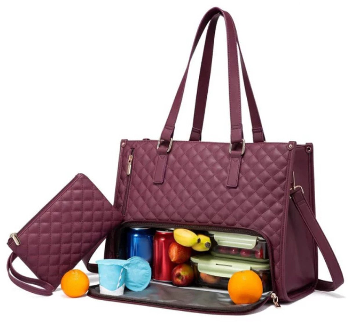 Lunch Tas, 2-in-1 Lunch Tas Handtas Combinatie, 15,6-inch Handtas Met Geïsoleerde Lunch Kamer, Lunch Tas, Vrouwen Koeltas, School Kantoor Isolatie Tas (Claret)