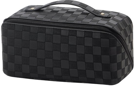 Gezakte reis make-up tassen Cosmetische organisator tas: 2-set grote capaciteit waterdichte make-up tas - PU lederen toiletartikelen tas voor vrouwen - breed open draagbare zak met handvat en verdeler (zwart)