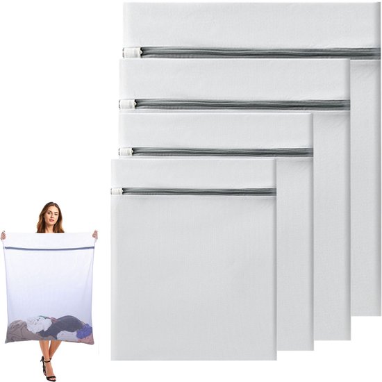 Waszakken - Wasnetten Set - 4 stuks - Groot Waszak - 90 x 110 cm - 90 x 90cm - 60 x 80 cm - 60 x 60cm - Waszakjes met Rits - Bescherm je Wasgoed en Wasmachine - Packing Cubes - Transparant/Grijs