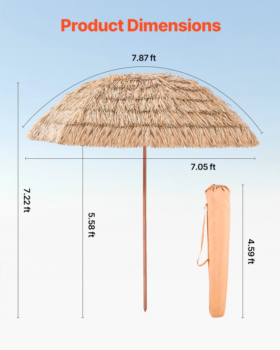 VEVOR Tiki-Parasol, 2,4 M Rieten Terrasparasol met Kantelfunctie, Hawaiiaanse Strandparasol met Duurzaam Pp-Riet En 8 Metalen Baleinen, Grasparasols voor Strand, Terras, Zwembad, Achtertuin En Tuin thumbnail 3