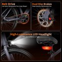 Hitway elektrische fiets: riemaandrijving, dubbele schijfremmen, en een krachtige LED koplamp met breed licht.