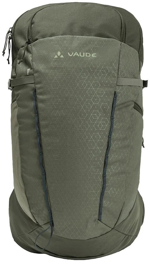 Olijfgroene rugzak met Vaude logo en subtiel geometrisch patroon, vooraanzicht.