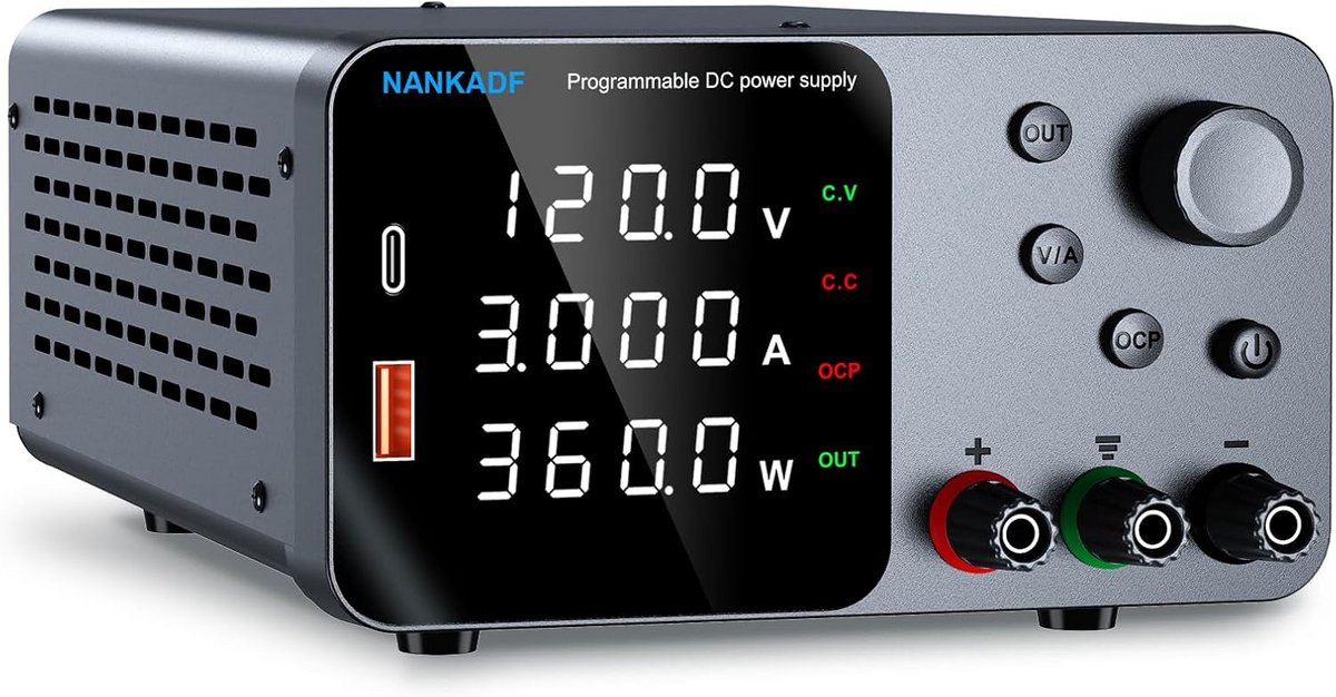 DC geregelde laboratoriumvoeding met USB-A/Type-C-interface - 120 V, 3 A en encoderregeling