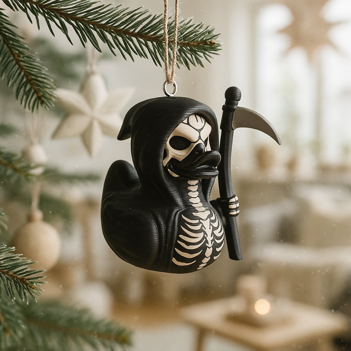 TheDuckSpecialist – Kleine Doodshoofd Eend Kersthanger – 3D-geprint PLA Ornament – Grappige Kerst Decoratie