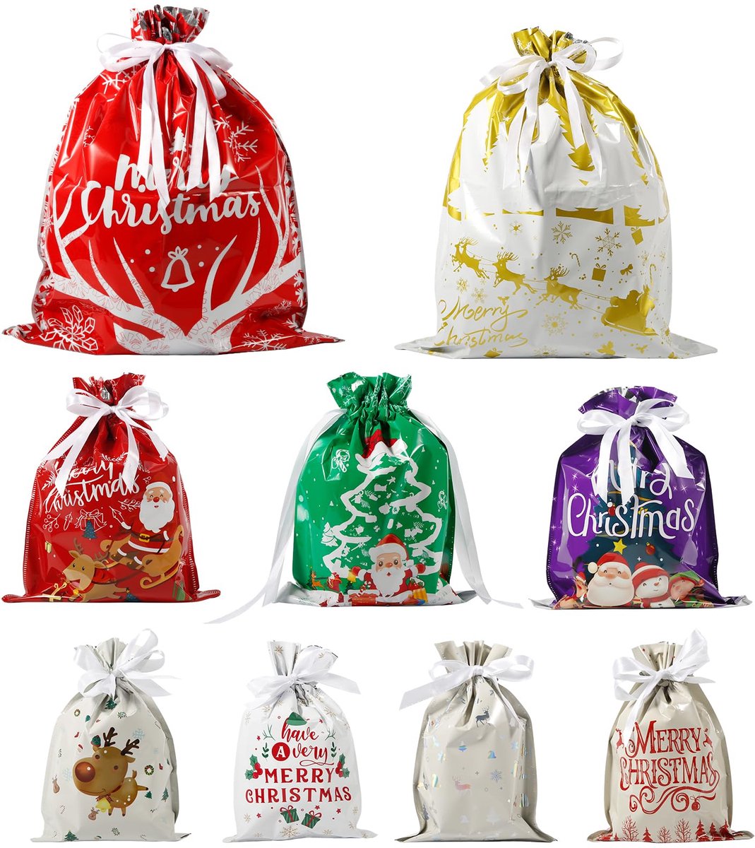 36 stuks kersttassen, 4 maten, grote trekkoordcadeautassen voor het inpakken van snoep, cadeaus, koekjes, berenspeelgoed en feestartikelen