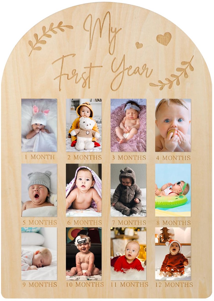 Mijn Eerste Jaar Fotolijst, Mijn Eerste Jaar Fotodisplay Houten Mijpaalbord 12 Maanden Babyfotolijst voor 1e Verjaardag Kinderkamer Decor uitgebreide Baby Aandenken (43 x 30,5cm)