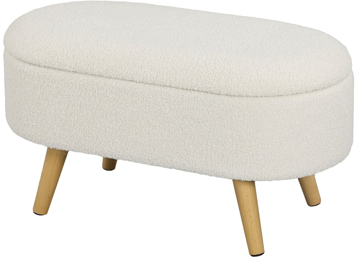 Merax Opbergbank met Deksel - Comfortabele Zithocker met Opbergruimte - Moderne Stoffen Bank met Houten Poten - Voetenbank voor Woonkamer en Slaapkamer - Wit - 120 kg