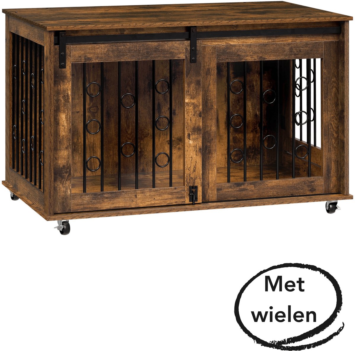 Aiverig® Hondenbench Hout Meubel – op Wielen – Hondenhok voor Binnen & Hondenkooi – Verrijdbaar met Schuifdeur & Slot – Voor Middelgrote Honden – Vintage Bruin – 100×56×65 CM